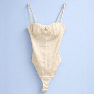 🤍 NWT Zara White Linen-Blend Sweetheart Corset Bodysuit – Size M